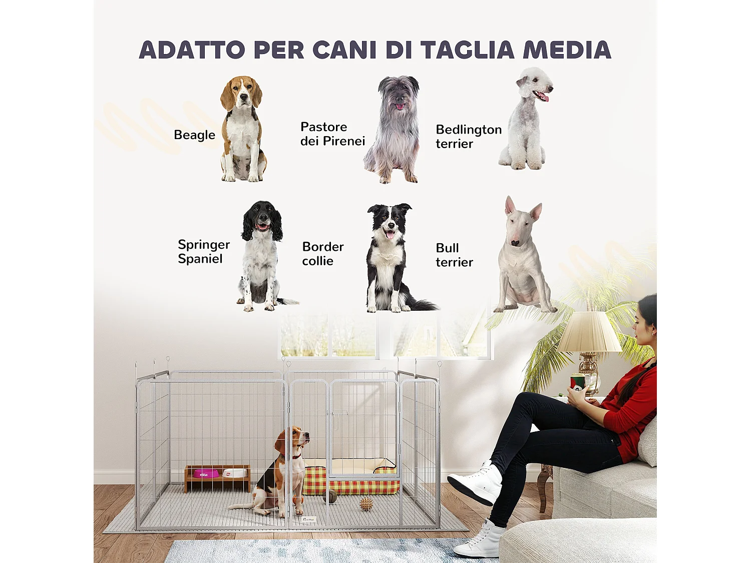 Recinto per cani 8 pannelli pieghevole con porta altezza 80 cm argento