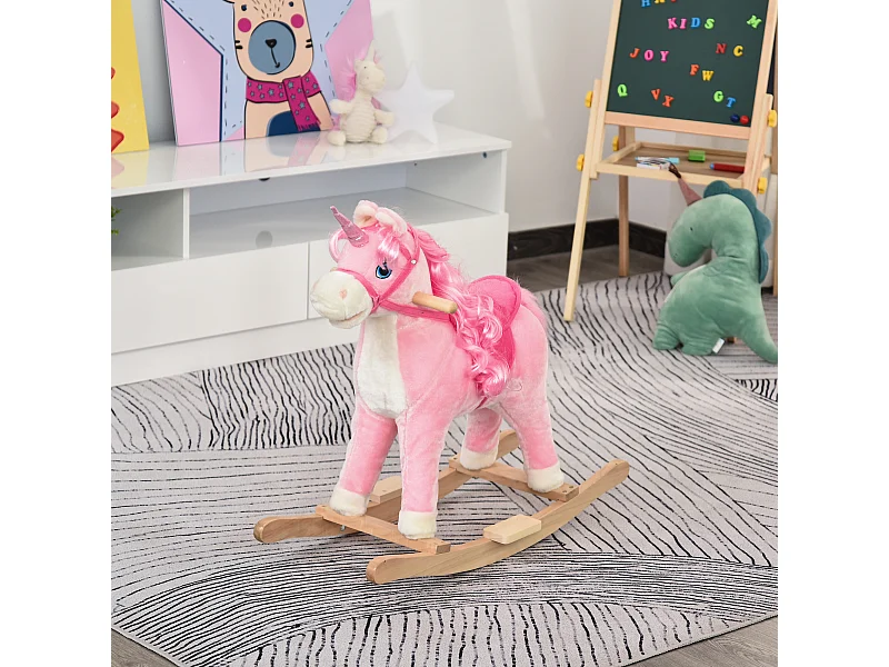 Cavallo a dondolo per bambini 36-72 mesi legno e peluche rosa