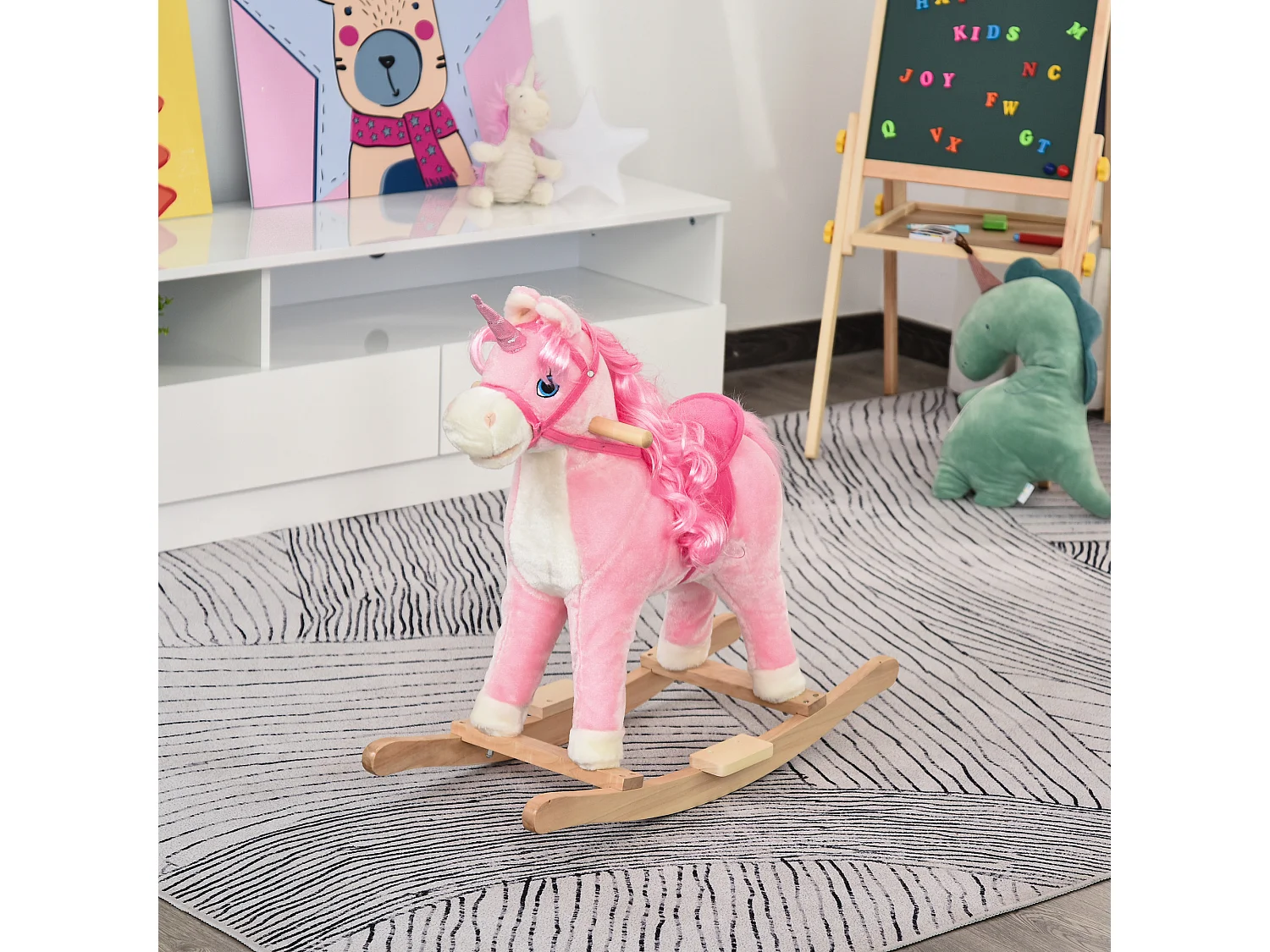Cavallo a dondolo per bambini 36-72 mesi legno e peluche rosa