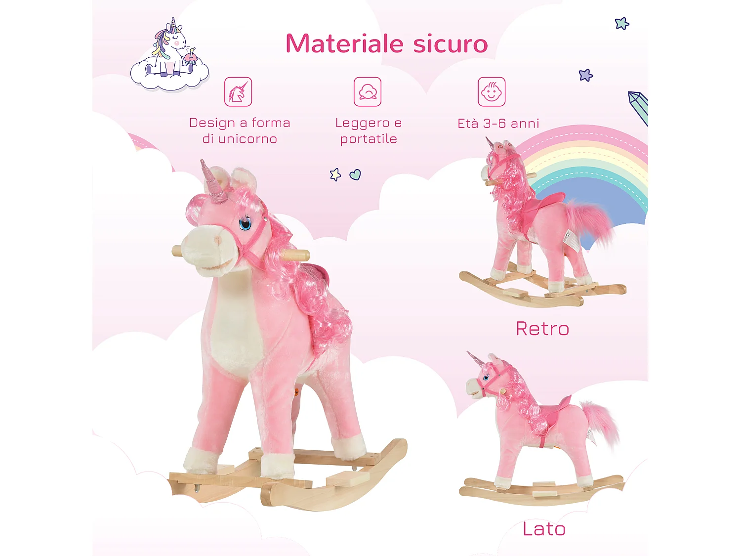 Cavallo a dondolo per bambini 36-72 mesi legno e peluche rosa