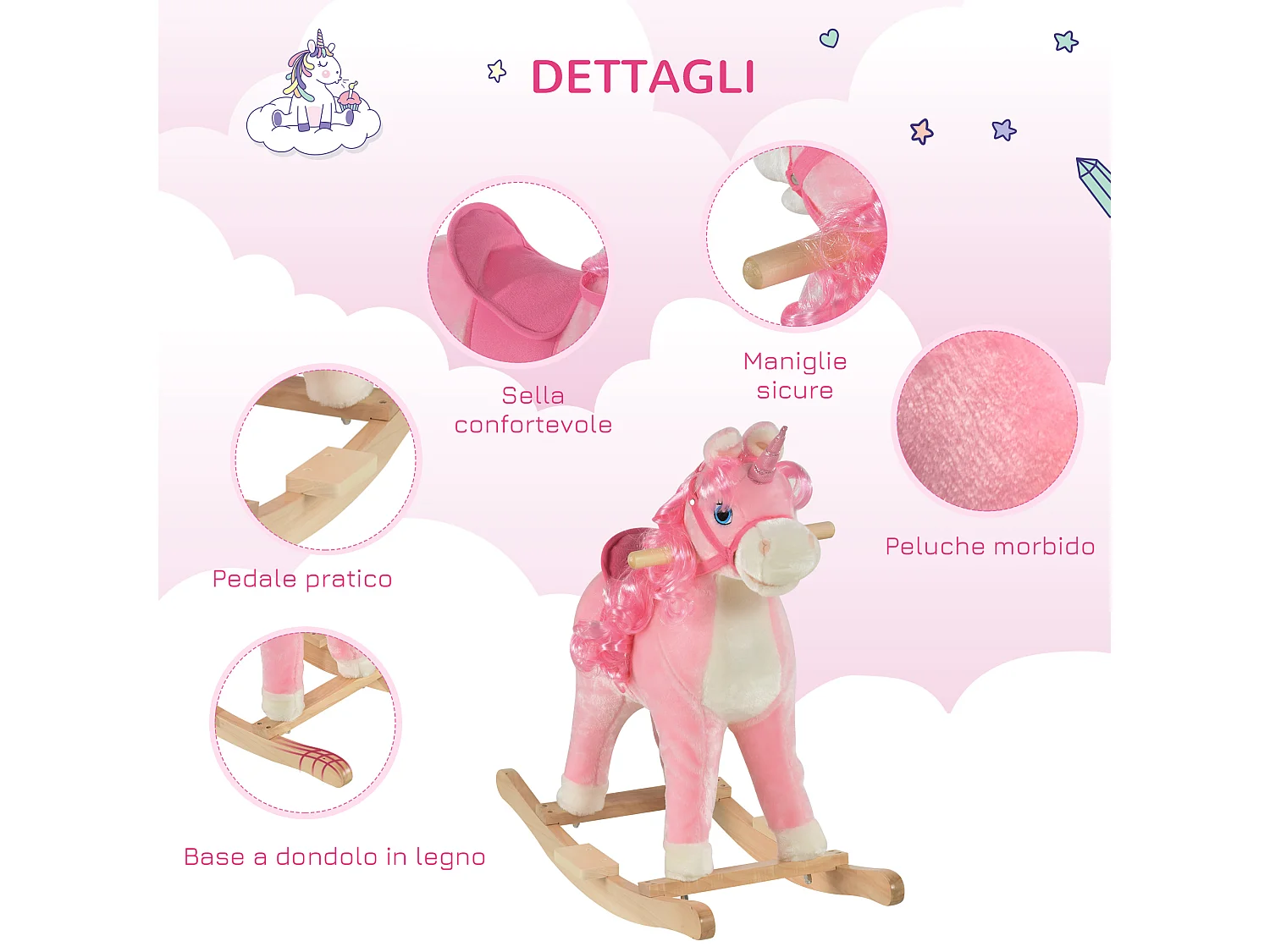Cavallo a dondolo per bambini 36-72 mesi legno e peluche rosa