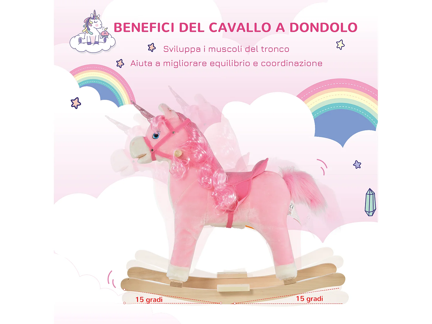 Cavallo a dondolo per bambini 36-72 mesi legno e peluche rosa