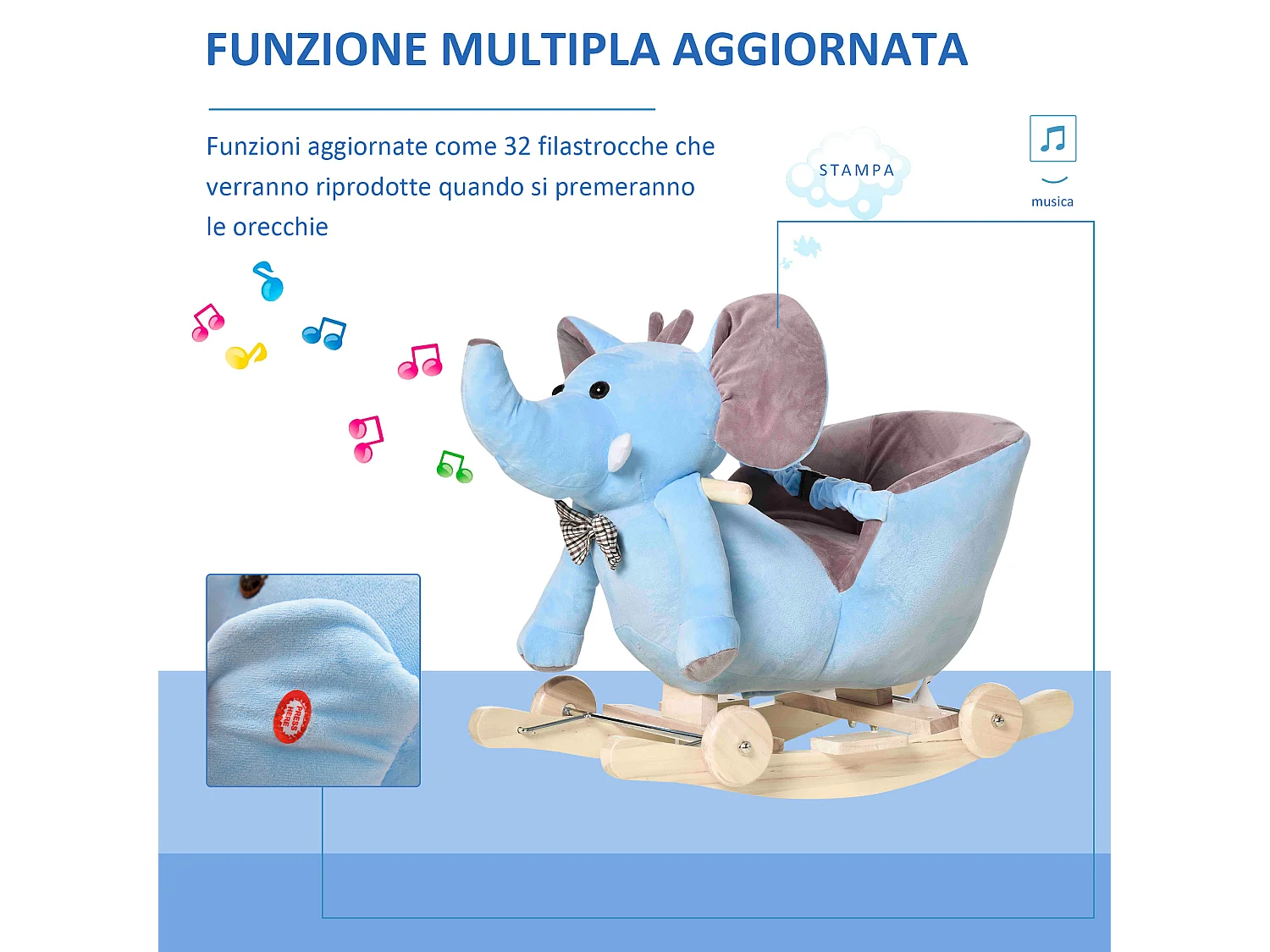 Animale a dondolo a forma di elefante con rotelle e cintura blu