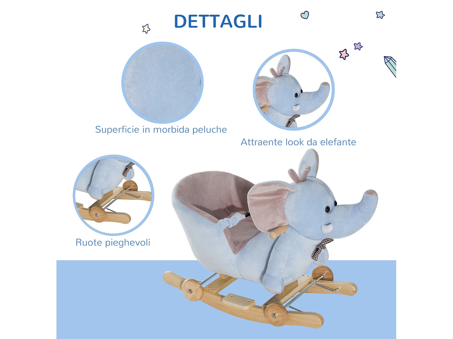 Animale a dondolo a forma di elefante con rotelle e cintura blu