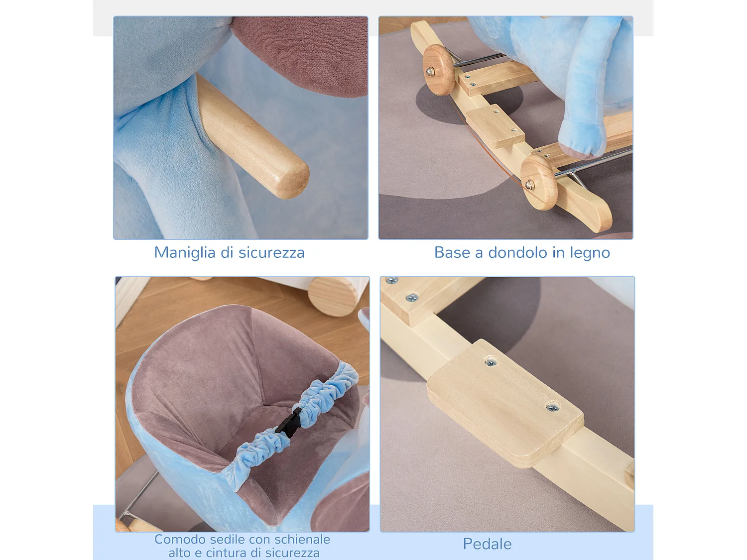 Animale a dondolo a forma di elefante con rotelle e cintura blu