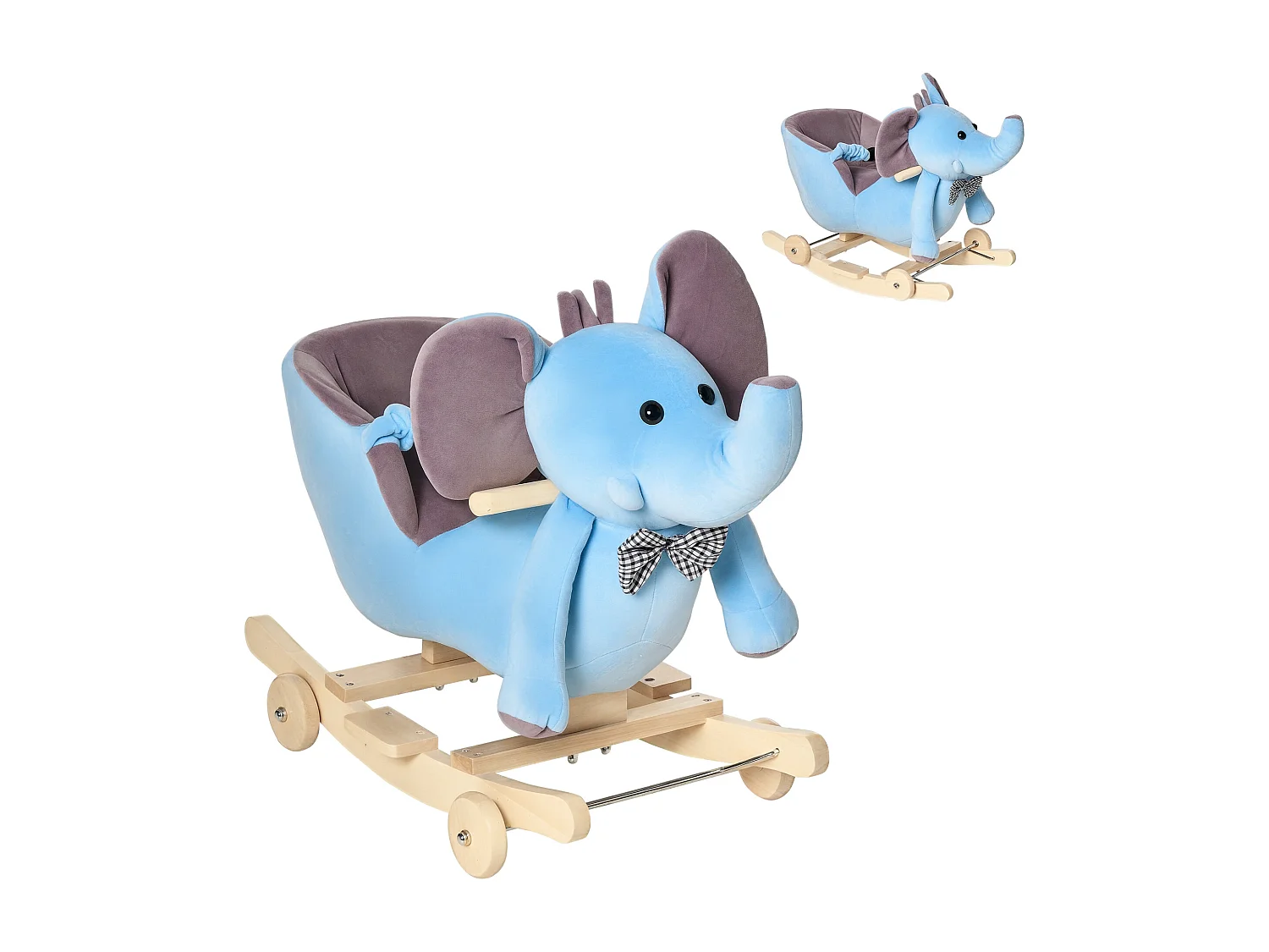 Animale a dondolo a forma di elefante con rotelle e cintura blu