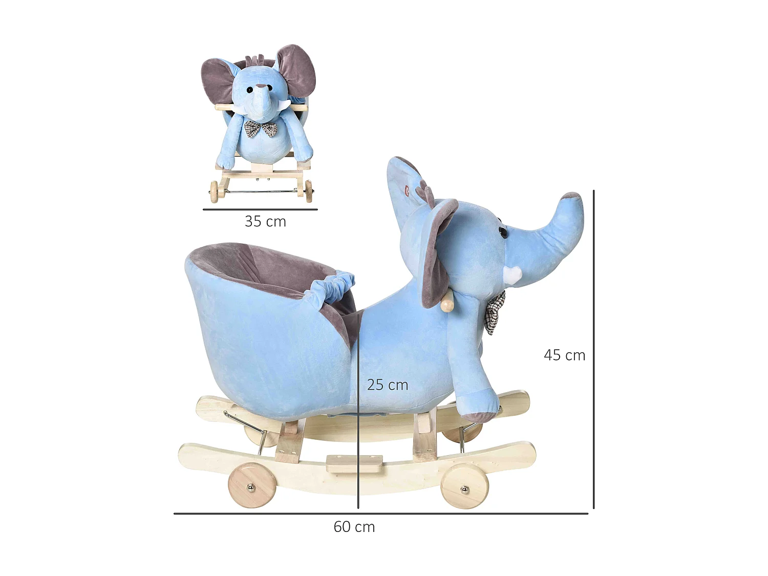 Animale a dondolo a forma di elefante con rotelle e cintura blu