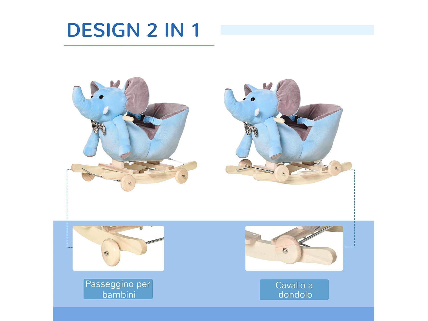 Animale a dondolo a forma di elefante con rotelle e cintura blu