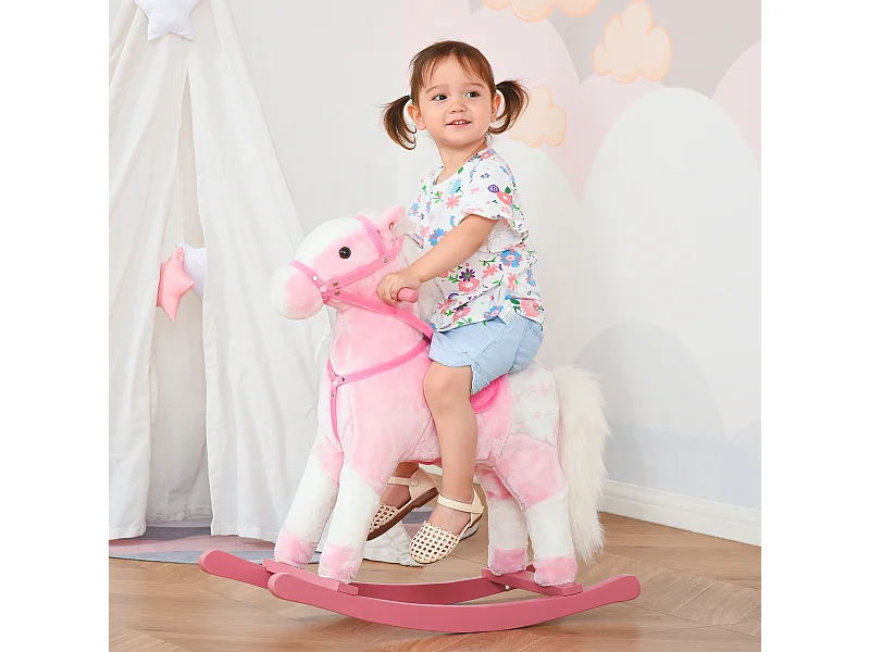 Cavallo a dondolo con suono animale per i bambini in legno rosa