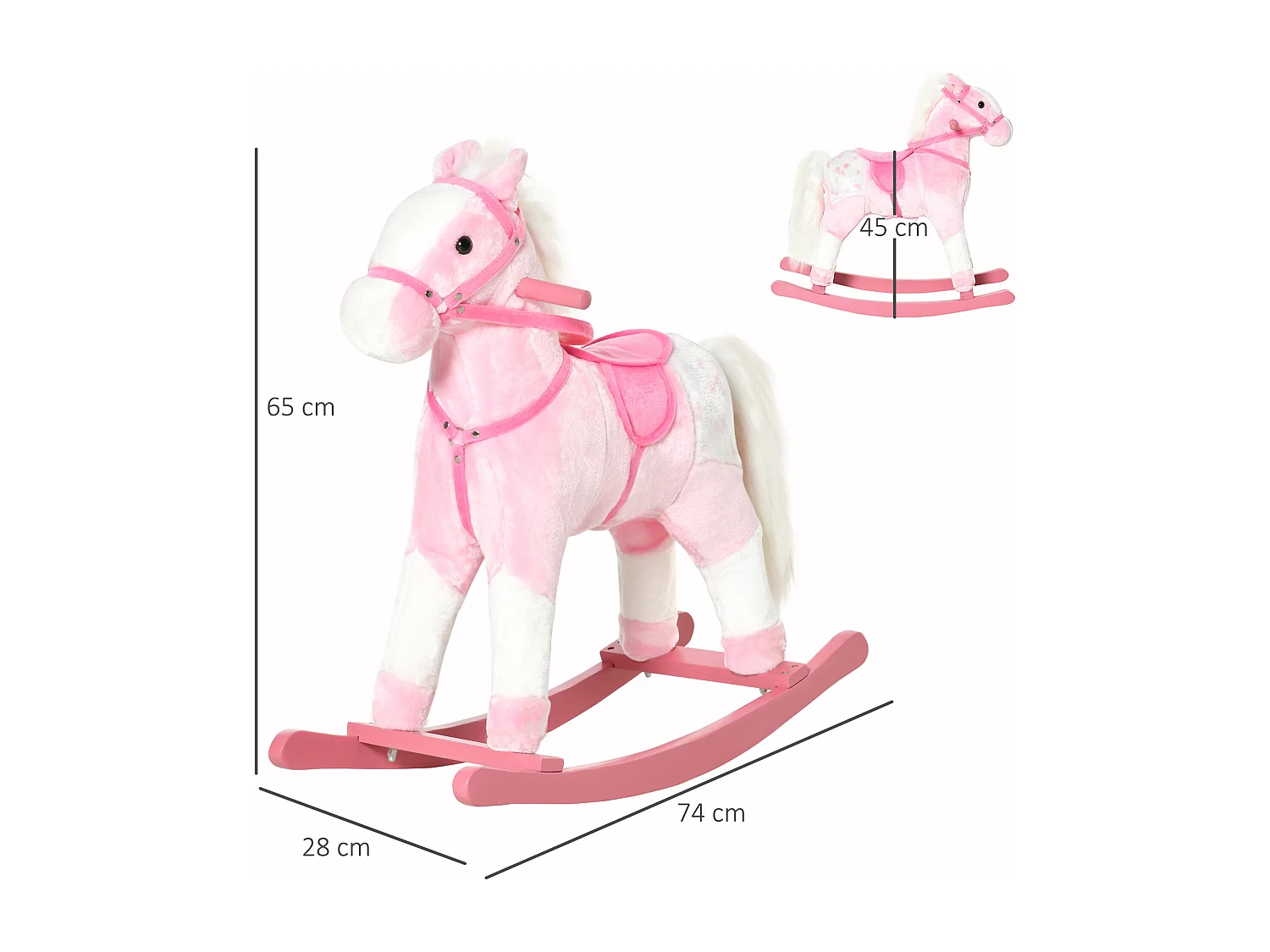 Cavallo a dondolo con suono animale per i bambini in legno rosa