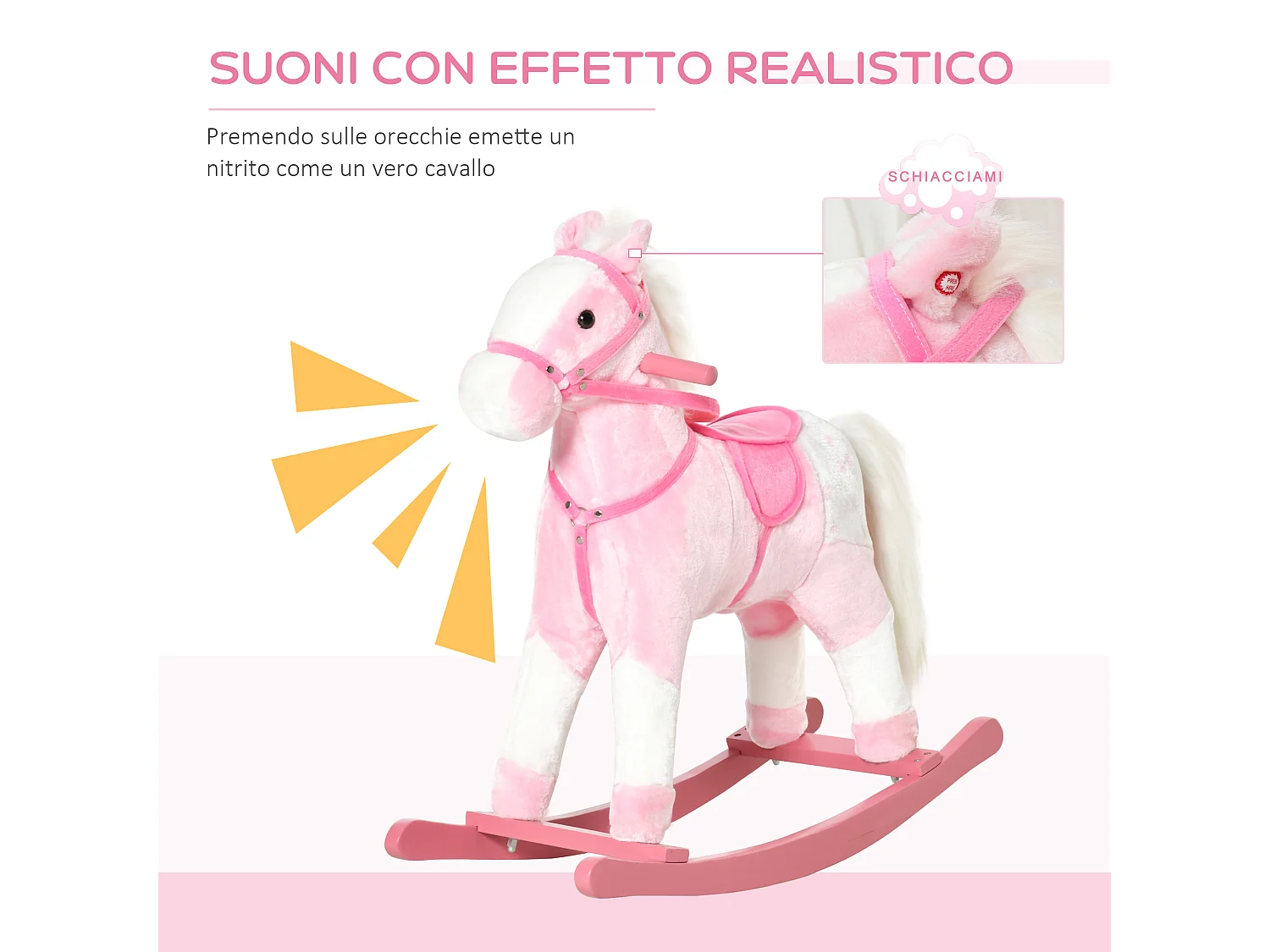 Cavallo a dondolo con suono animale per i bambini in legno rosa