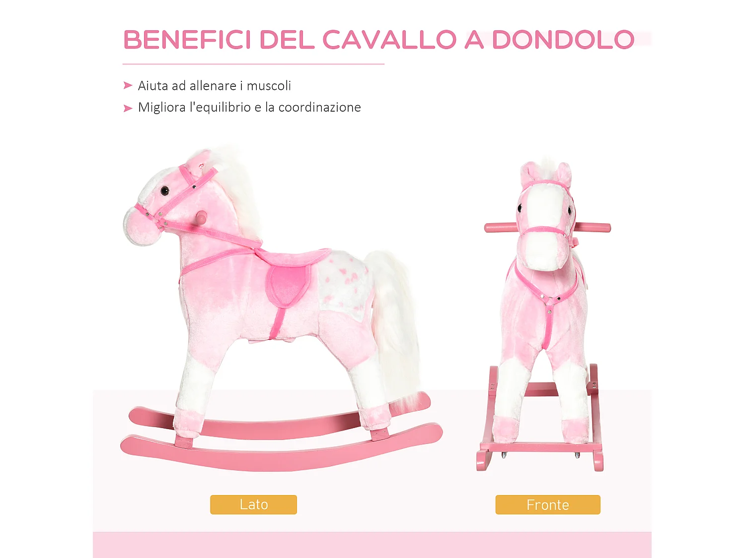 Cavallo a dondolo con suono animale per i bambini in legno rosa
