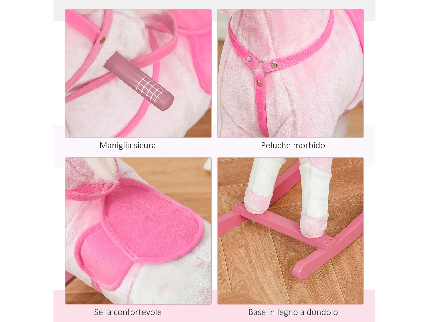 Cavallo a dondolo con suono animale per i bambini in legno rosa