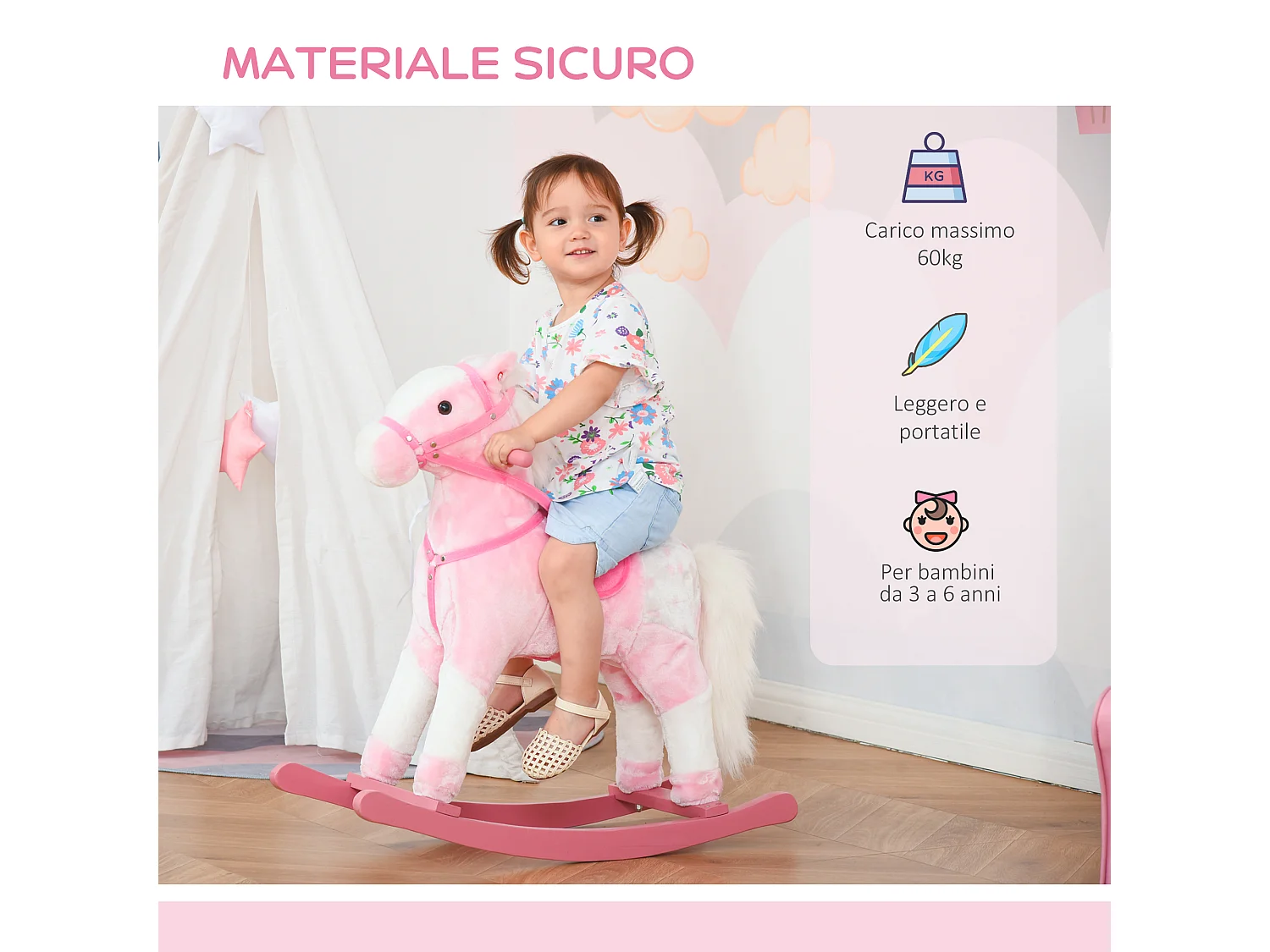 Cavallo a dondolo con suono animale per i bambini in legno rosa