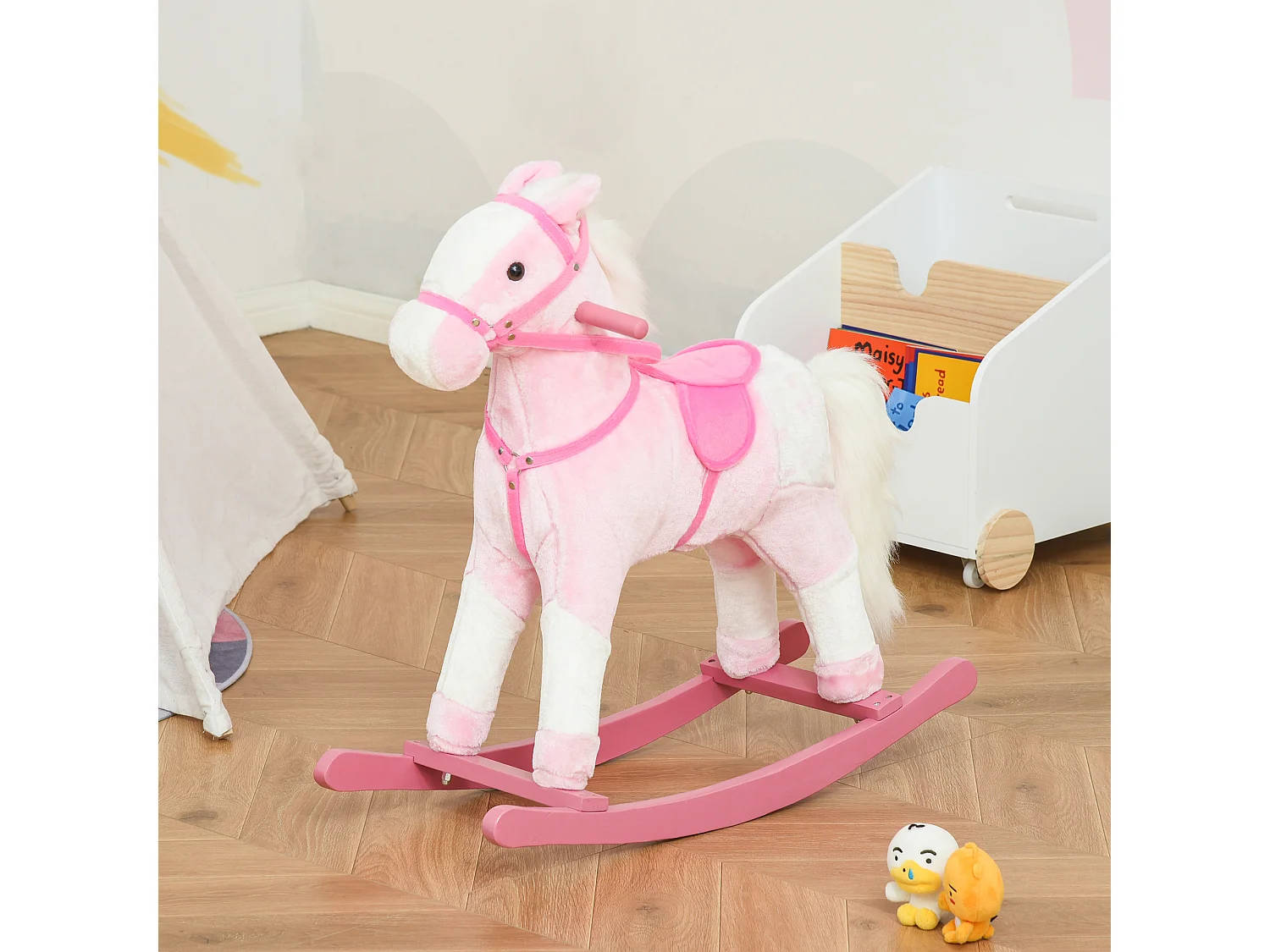 Cavallo a dondolo con suono animale per i bambini in legno rosa
