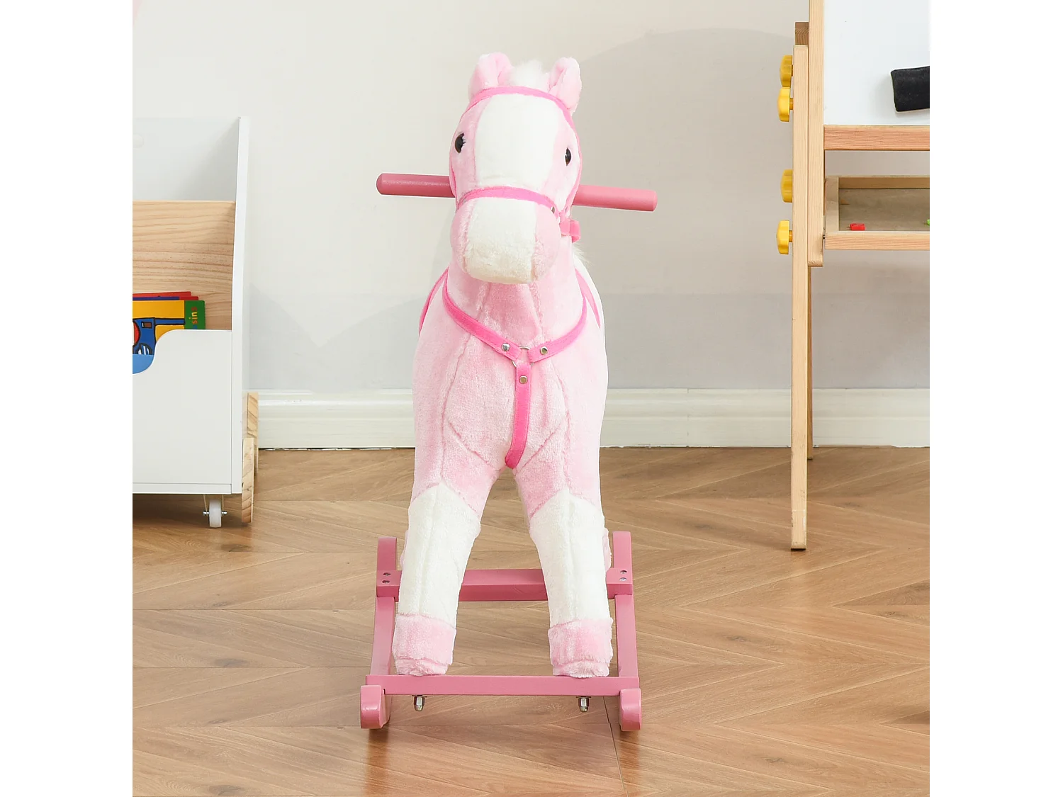 Cavallo a dondolo con suono animale per i bambini in legno rosa