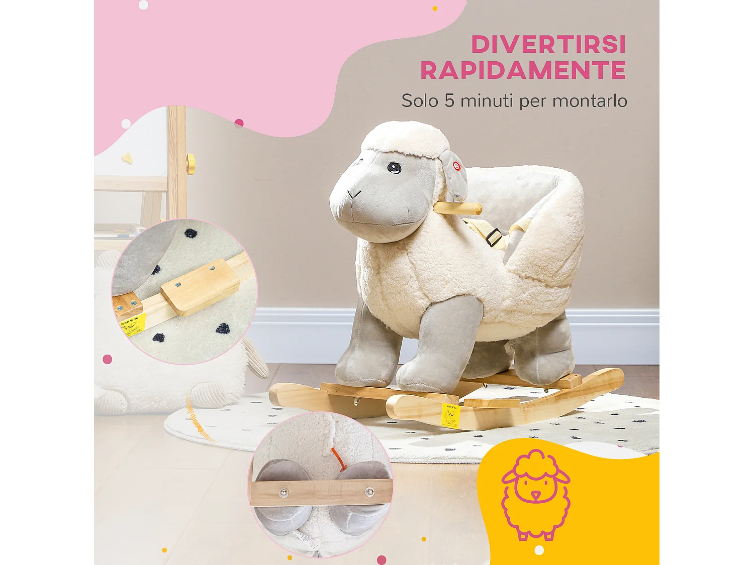 Cavallo a dondolo per bambini 18-36 mesi a pecorella con suoni grigio