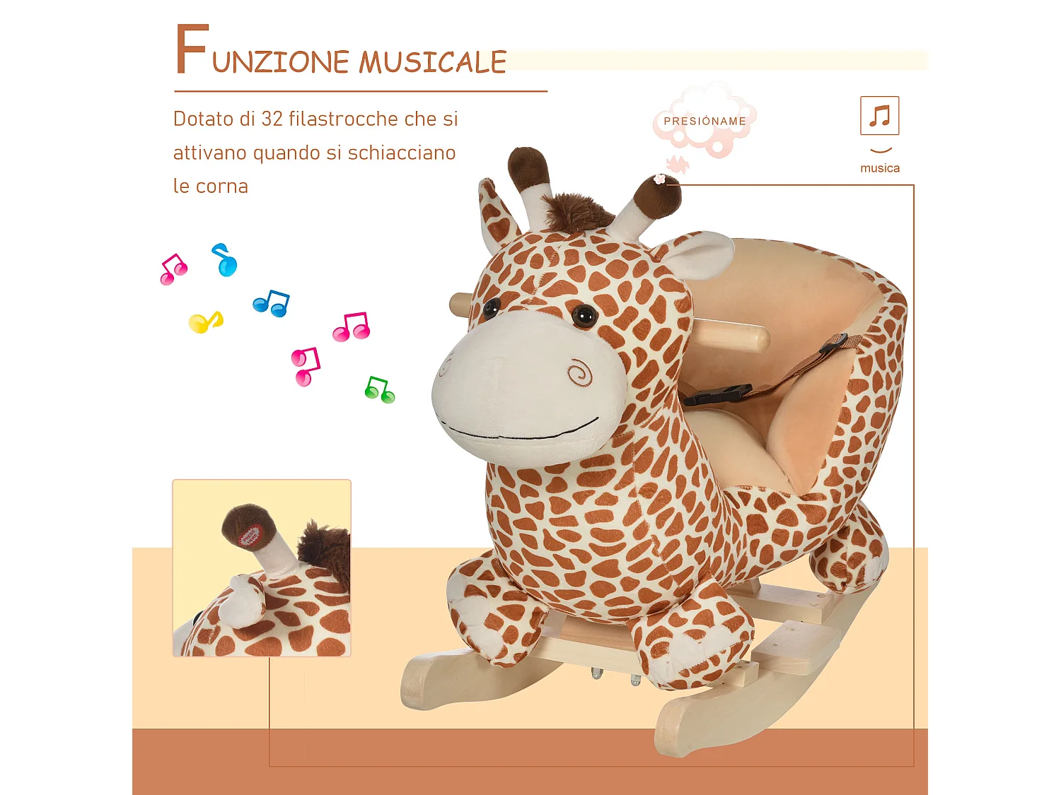 Cavallo a dondolo giraffa per i bambini in legno marrone