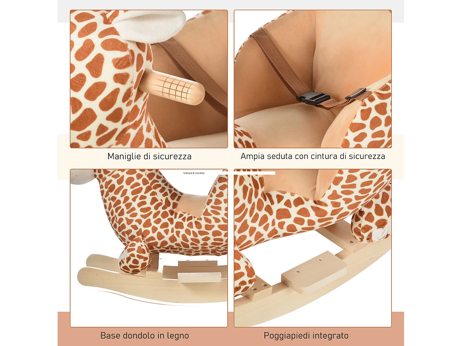 Cavallo a dondolo giraffa per i bambini in legno marrone