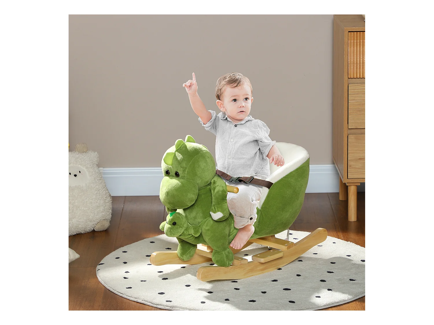 Cavallo a dondolo per bambini 18-36 mesi a dinosauro con suoni verde