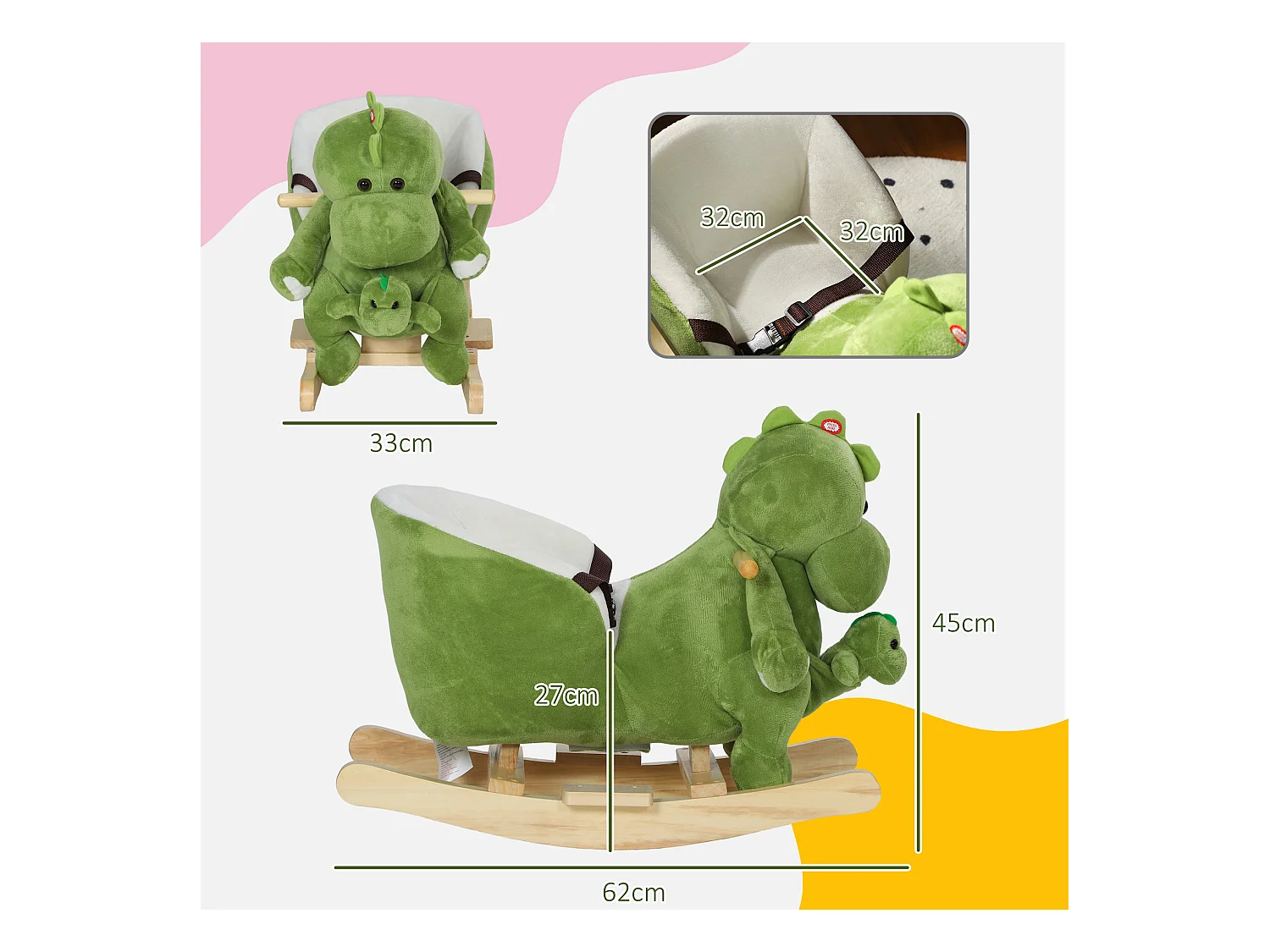 Cavallo a dondolo per bambini 18-36 mesi a dinosauro con suoni verde