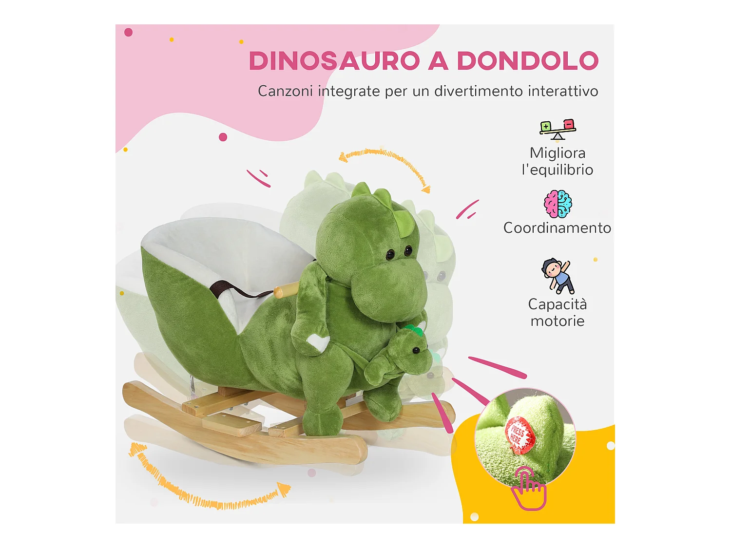 Cavallo a dondolo per bambini 18-36 mesi a dinosauro con suoni verde