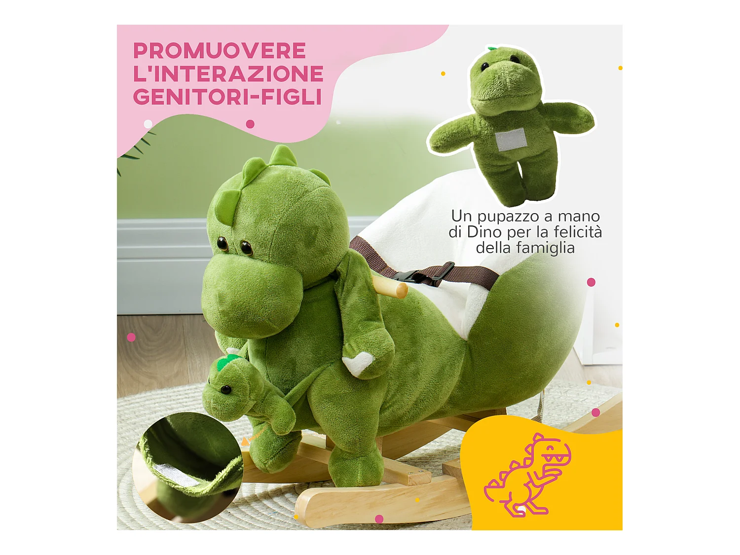 Cavallo a dondolo per bambini 18-36 mesi a dinosauro con suoni verde