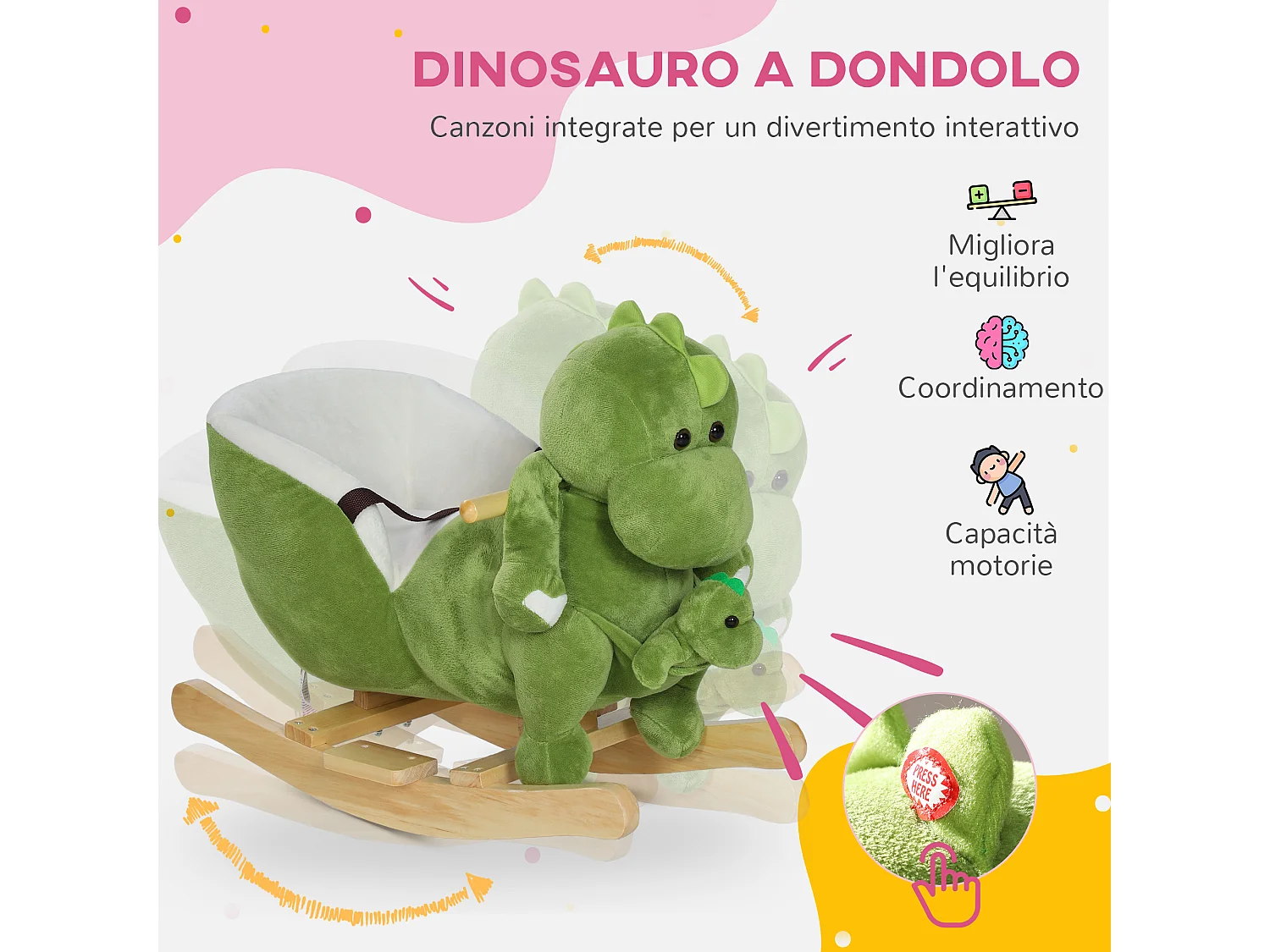 Cavallo a dondolo per bambini 18-36 mesi a dinosauro con suoni verde