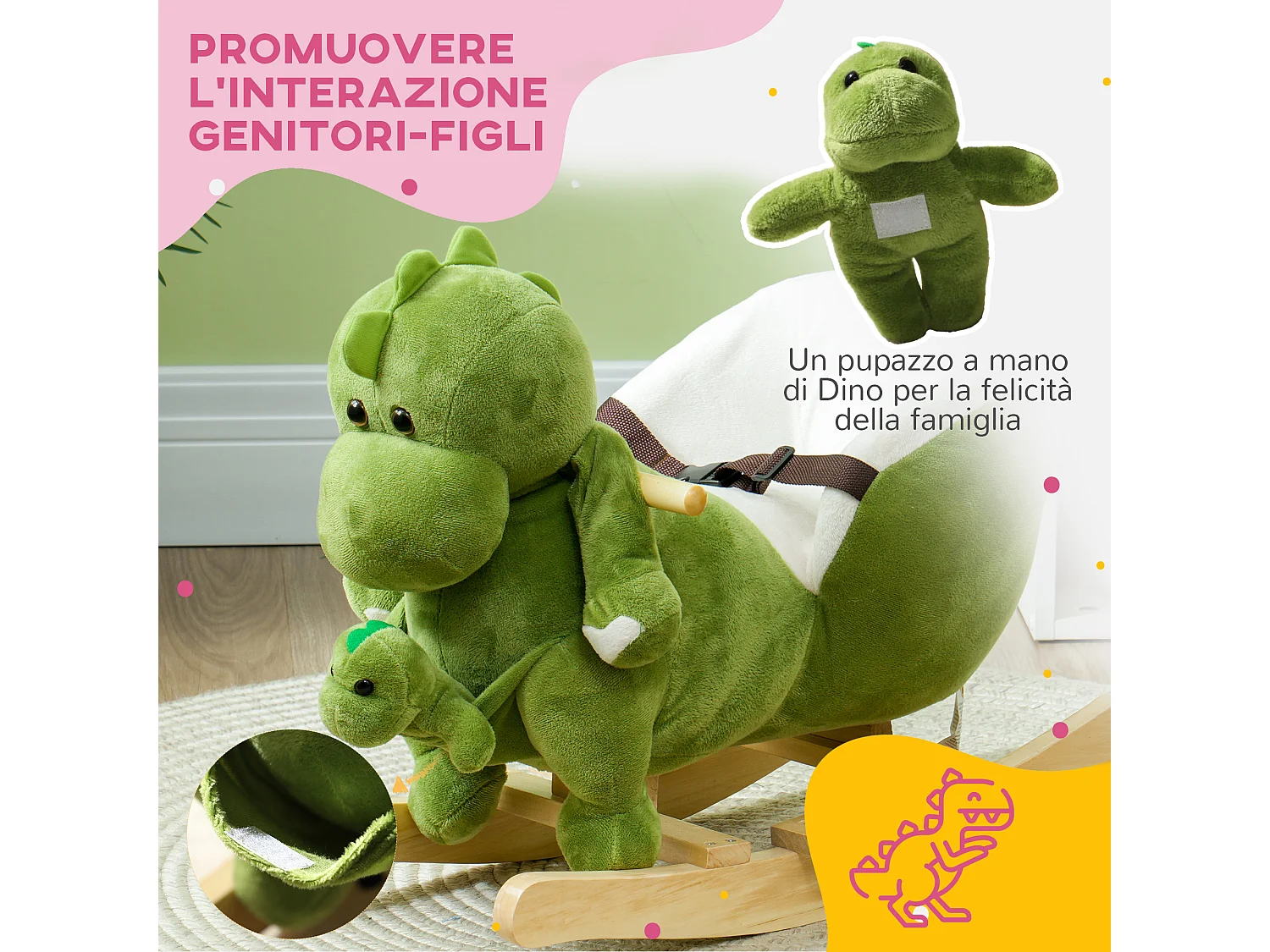 Cavallo a dondolo per bambini 18-36 mesi a dinosauro con suoni verde