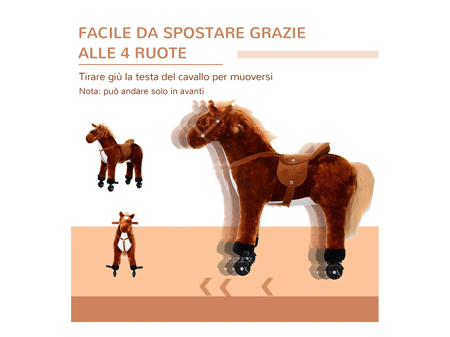 Cavallo per i bambini con ruote suono peluche marrone