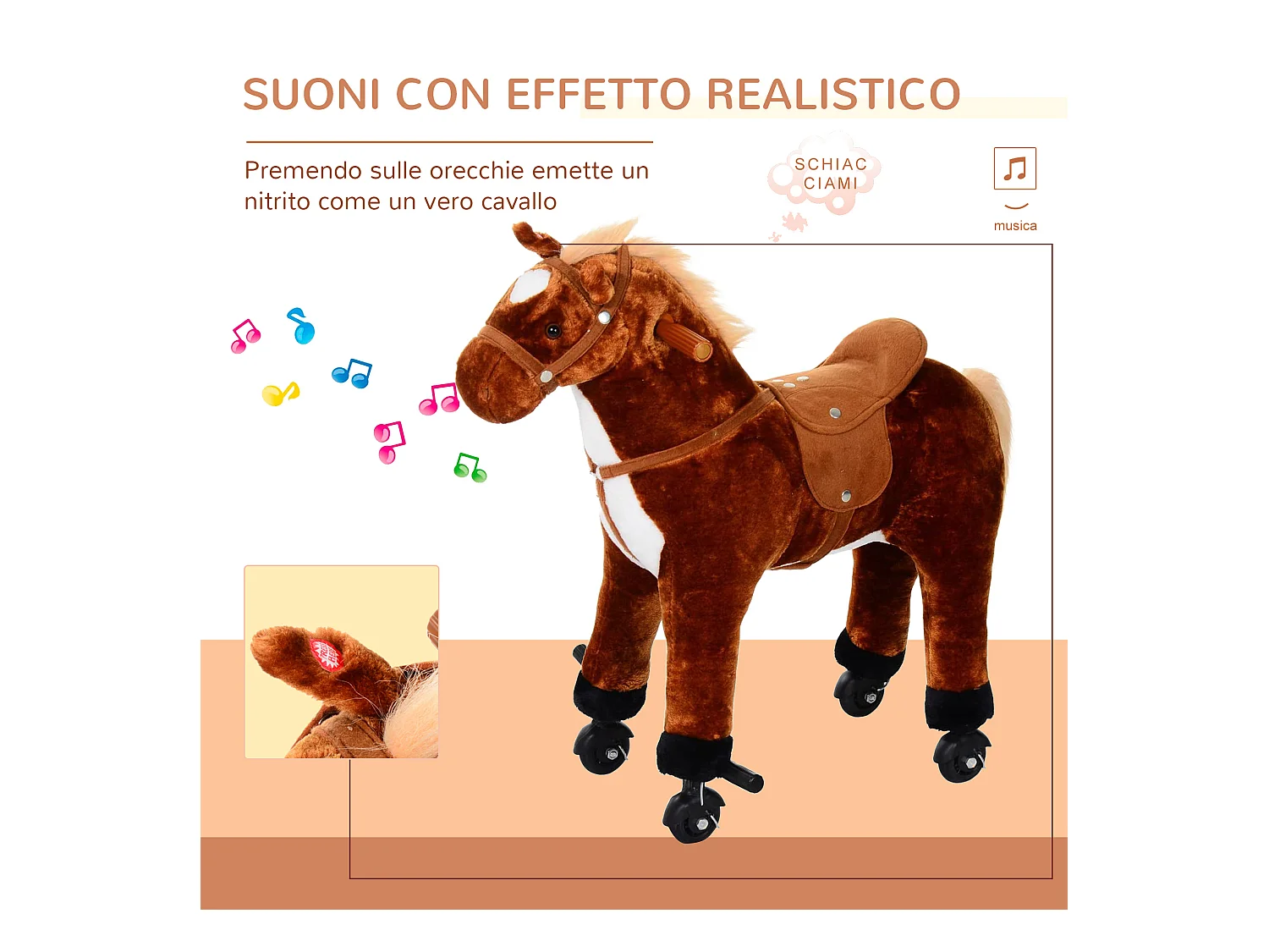 Cavallo per i bambini con ruote suono peluche marrone