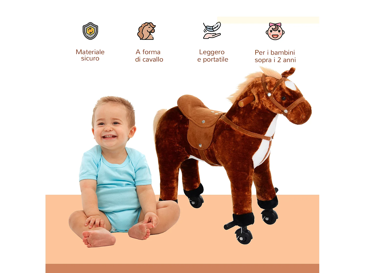 Cavallo per i bambini con ruote suono peluche marrone