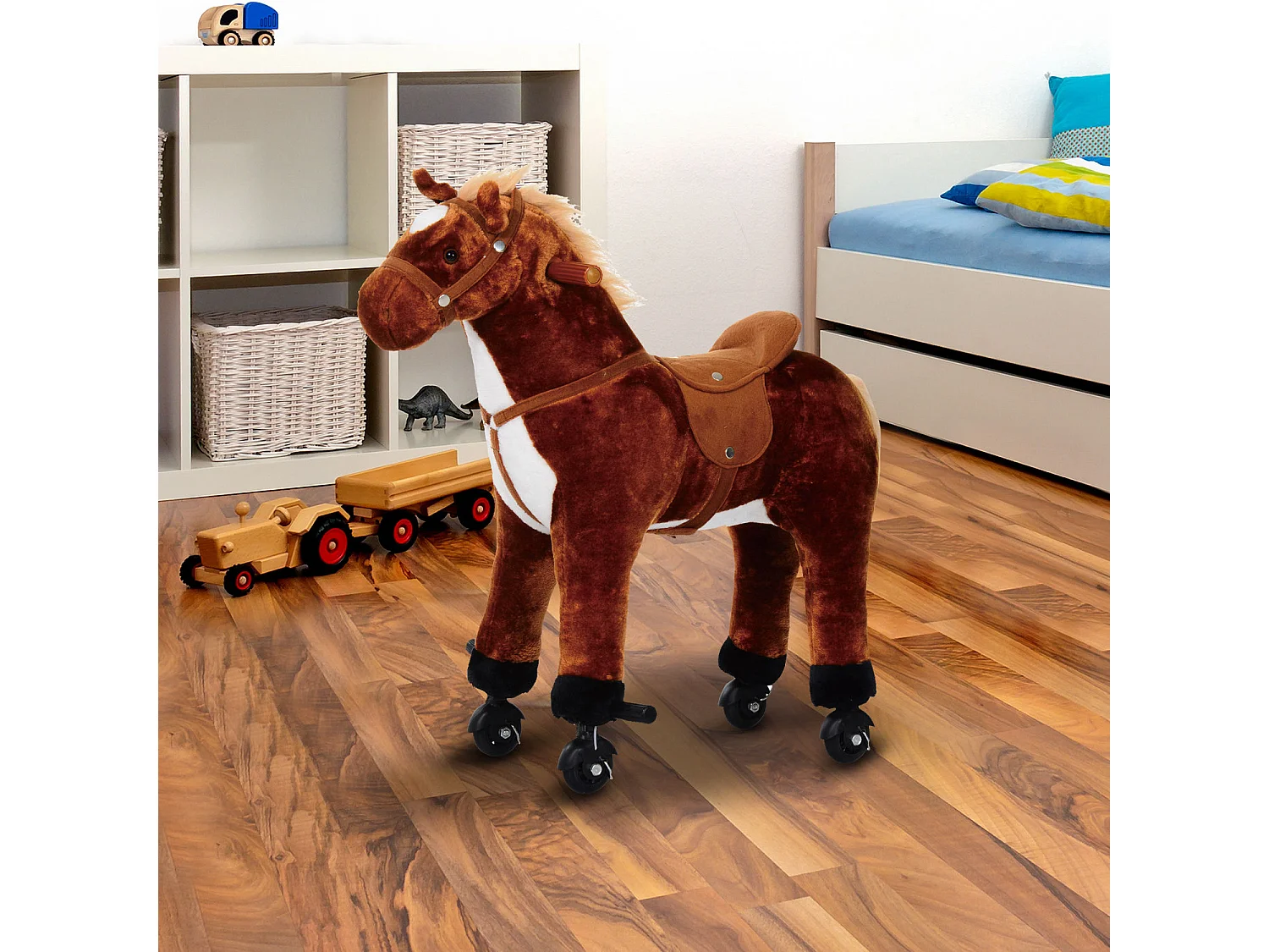 Cavallo per i bambini con ruote suono peluche marrone