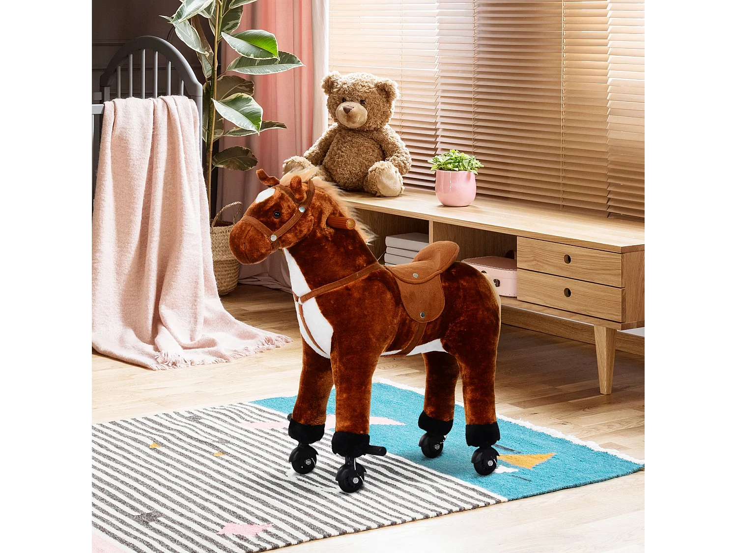 Cavallo per i bambini con ruote suono peluche marrone