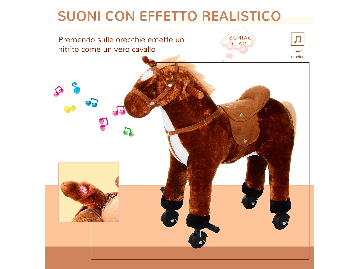 Cavallo per i bambini con ruote suono peluche marrone