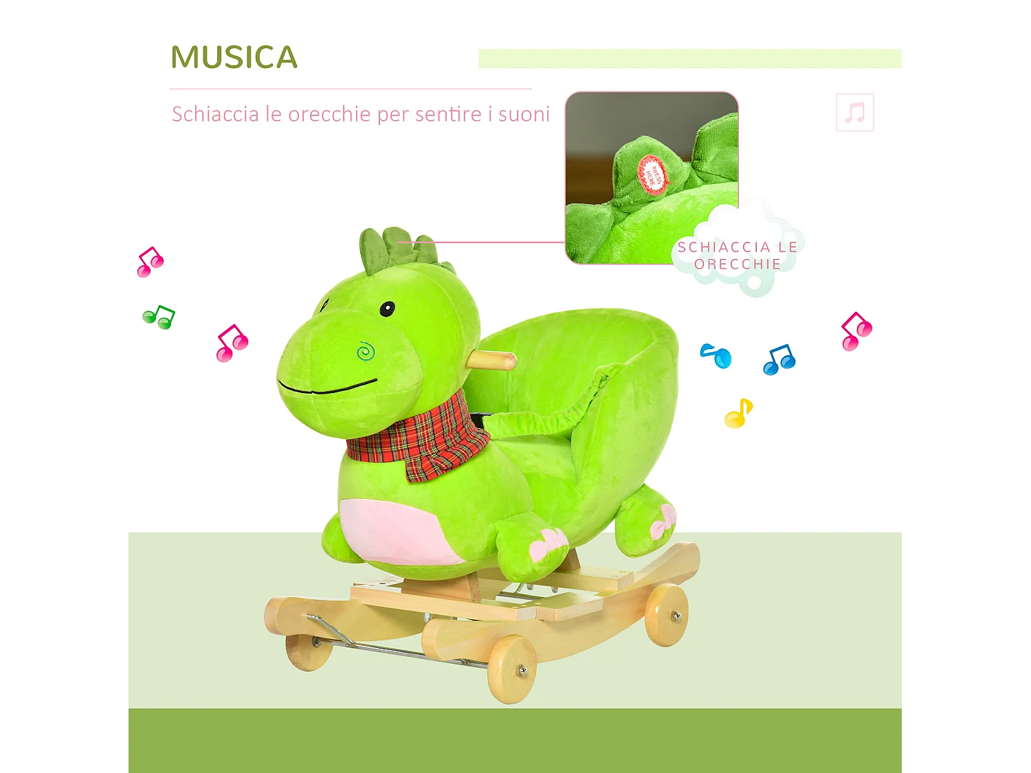 Cavallo a dondolo con ruote drago per bambini 18-36 mesi verde