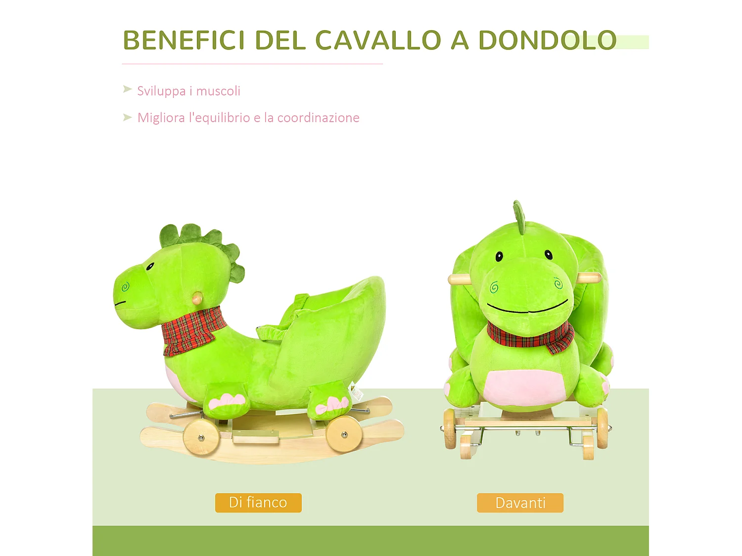 Cavallo a dondolo con ruote drago per bambini 18-36 mesi verde