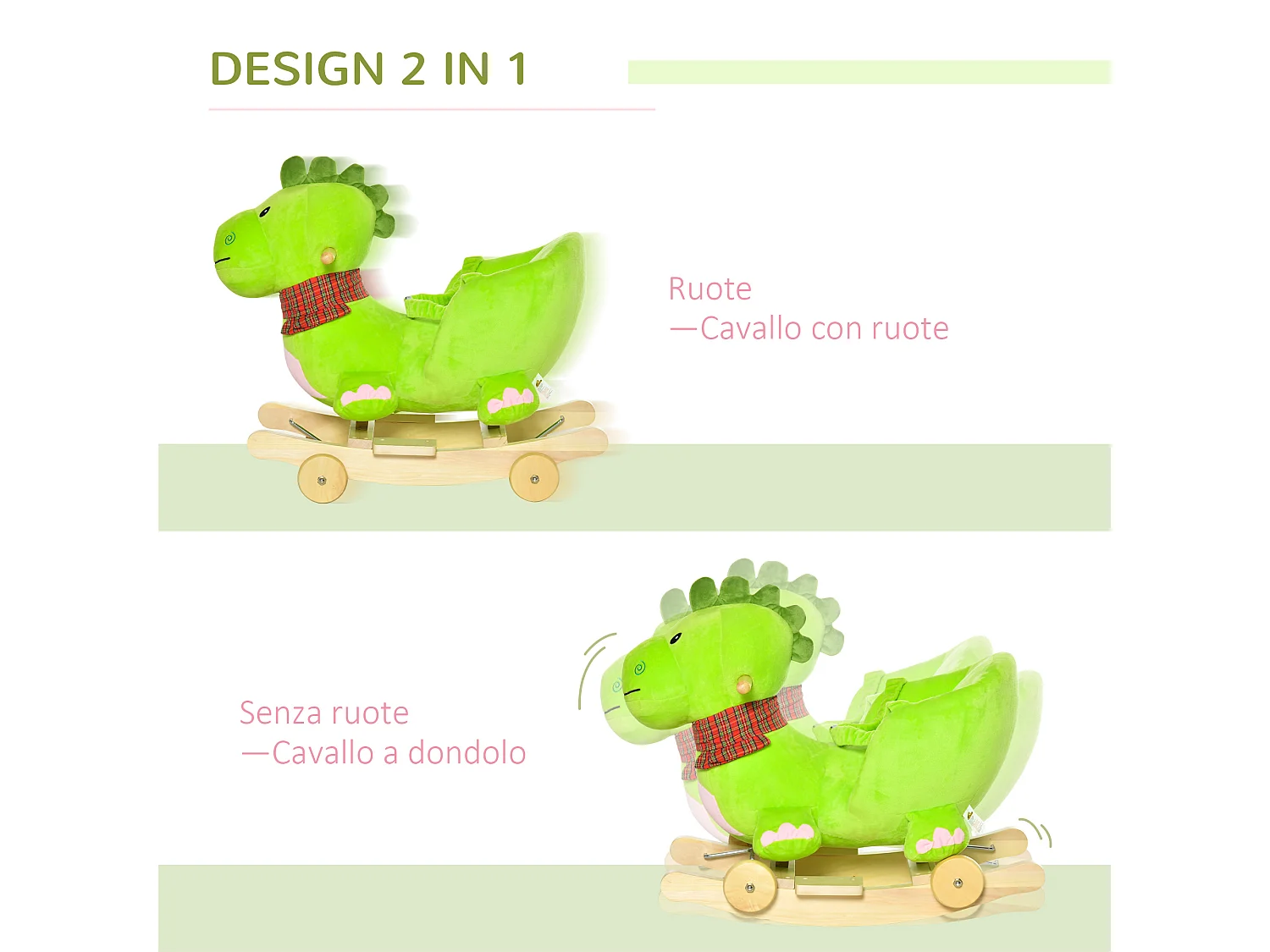 Cavallo a dondolo con ruote drago per bambini 18-36 mesi verde