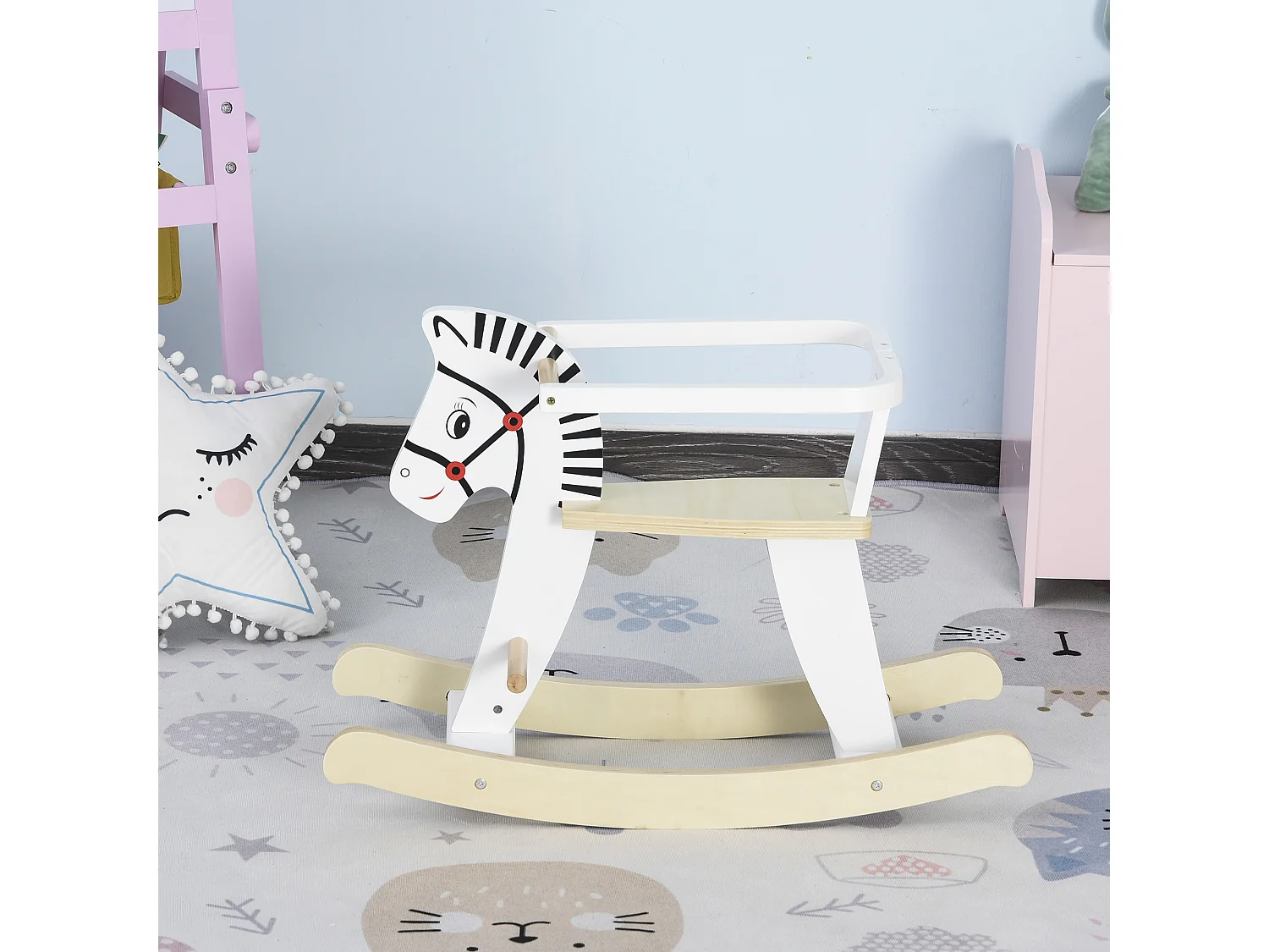 Cavallo a dondolo in legno con bordo e poggiapiedi età 1-3 anni