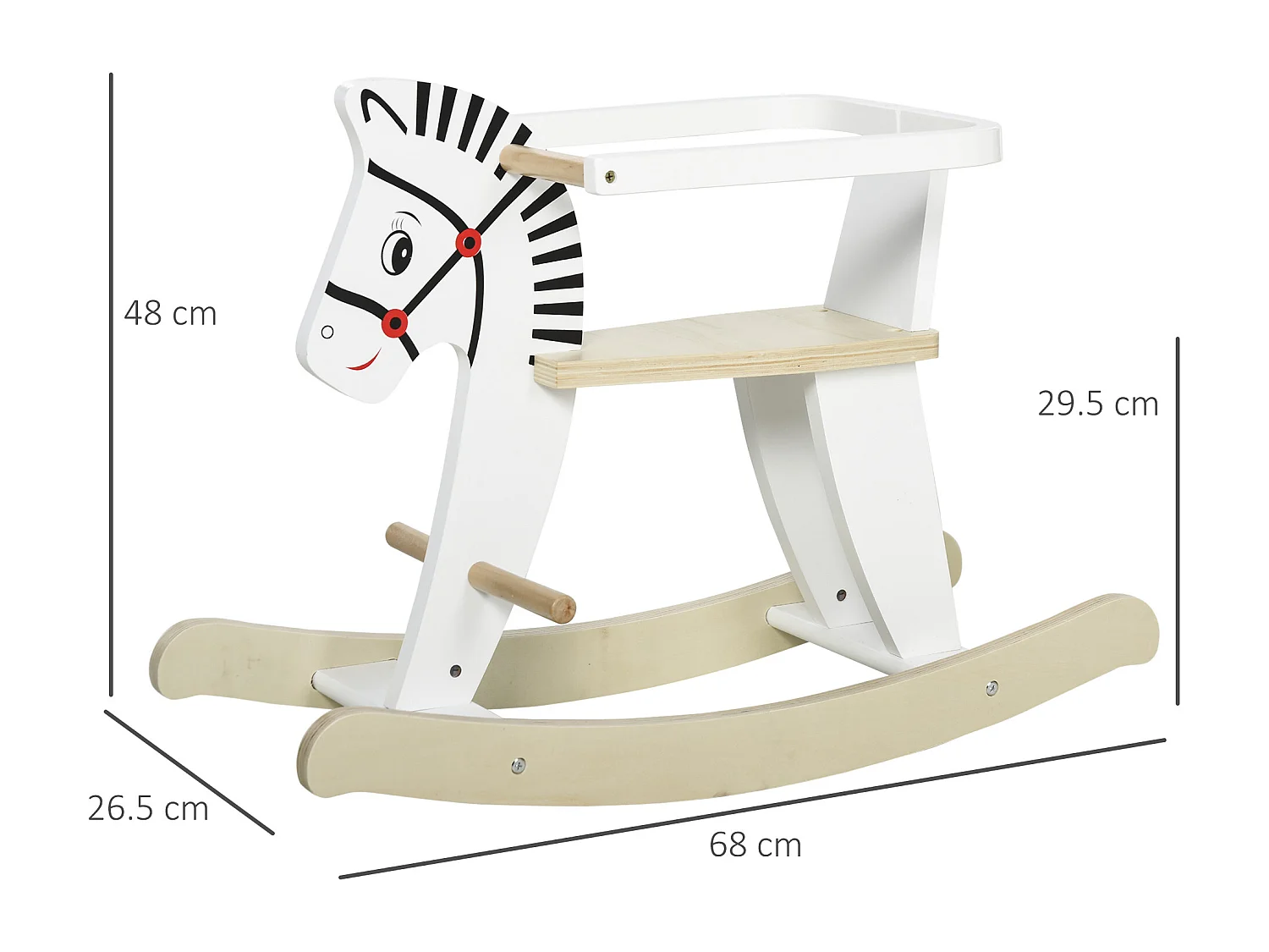 Cavallo a dondolo in legno con bordo e poggiapiedi età 1-3 anni