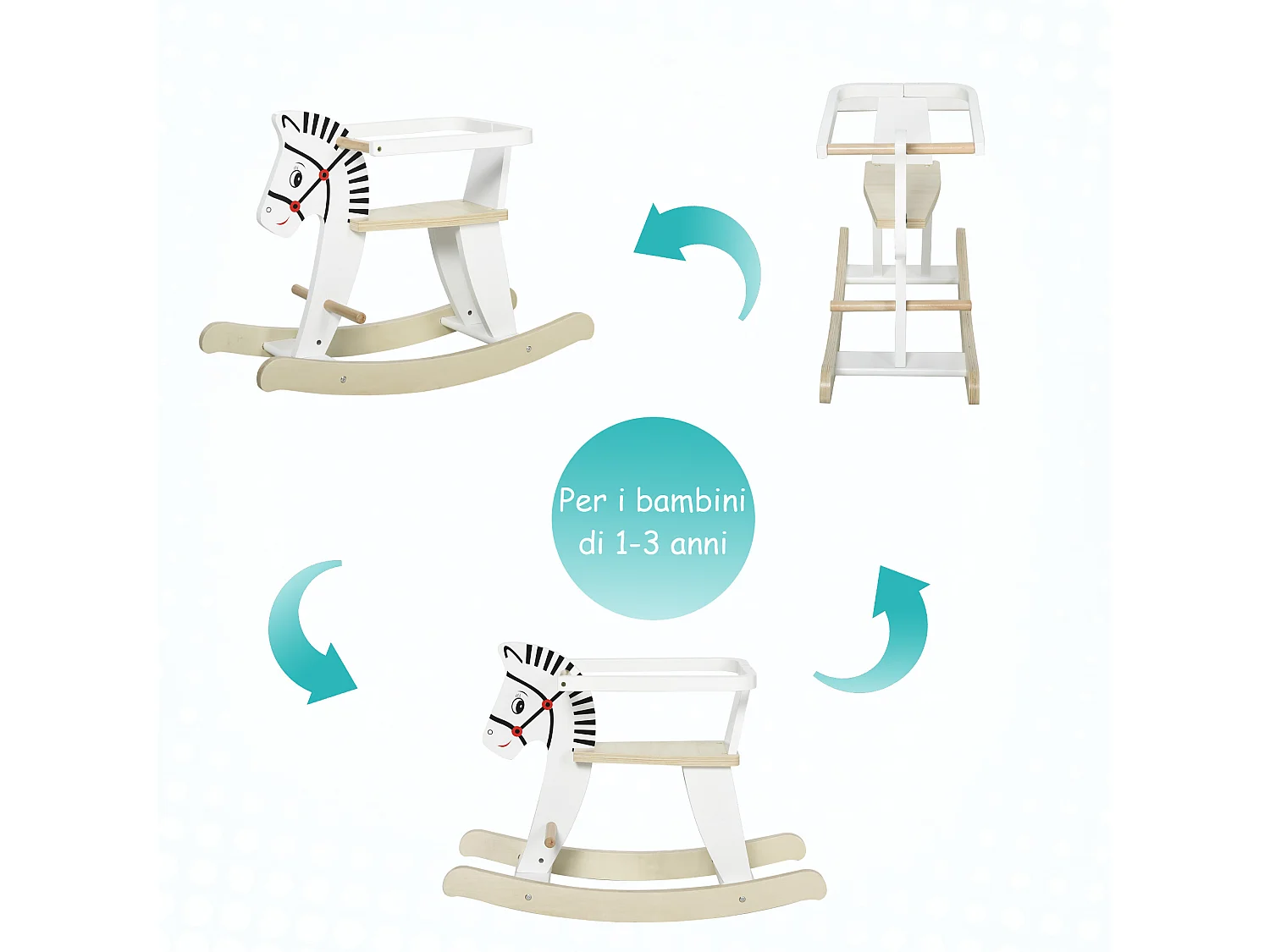 Cavallo a dondolo in legno con bordo e poggiapiedi età 1-3 anni