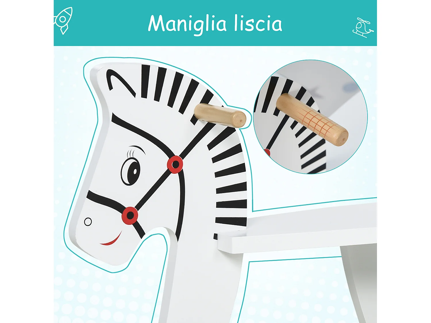 Cavallo a dondolo in legno con bordo e poggiapiedi età 1-3 anni