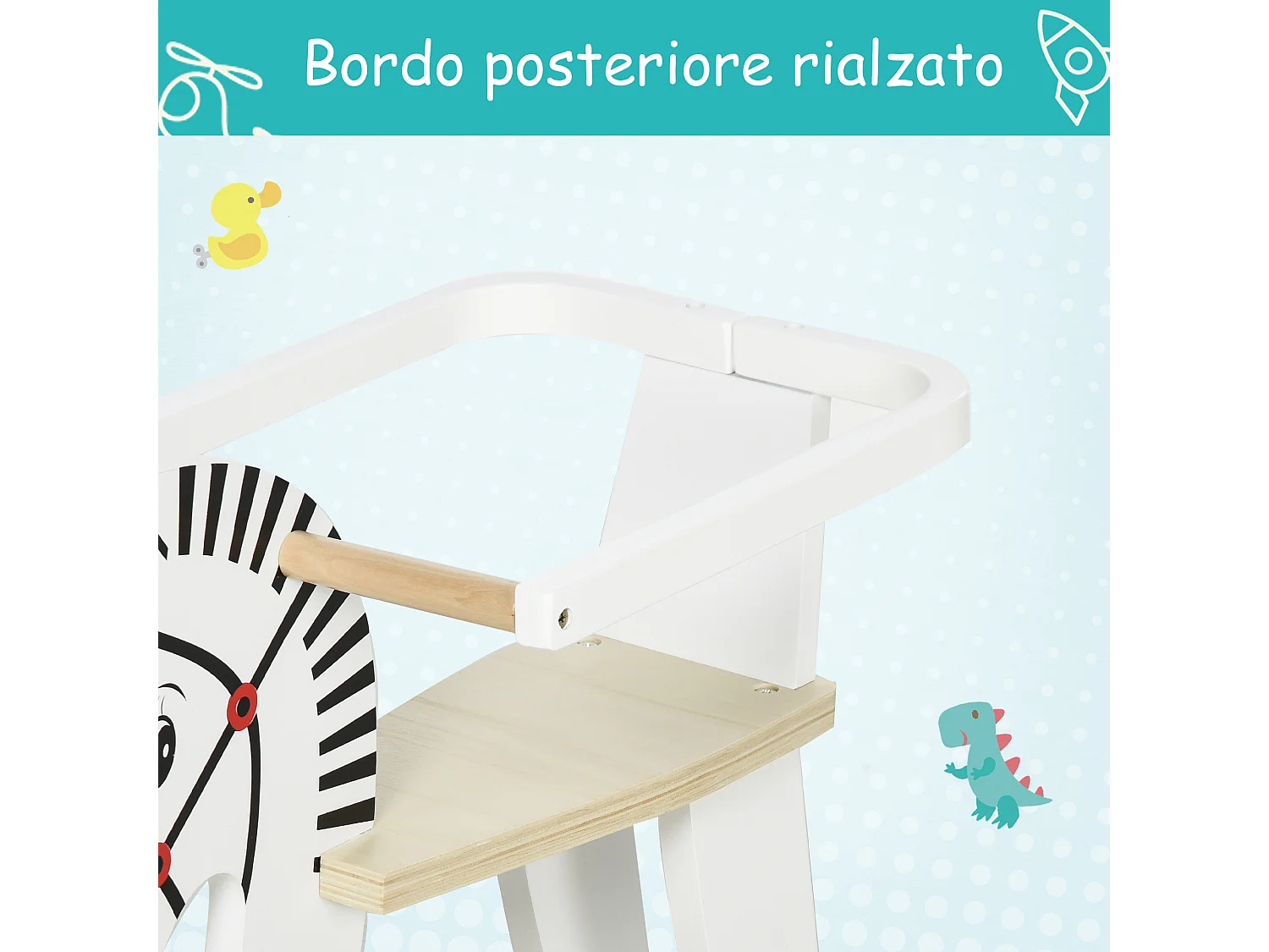 Cavallo a dondolo in legno con bordo e poggiapiedi età 1-3 anni