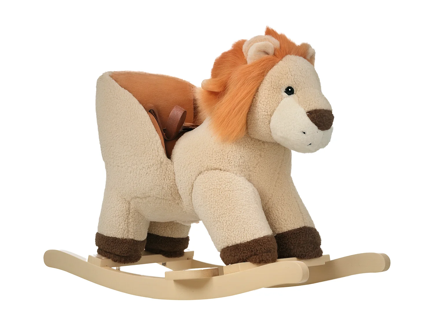 Dondolo giocattolo leone per bambini ruggisce legno e peluche marrone