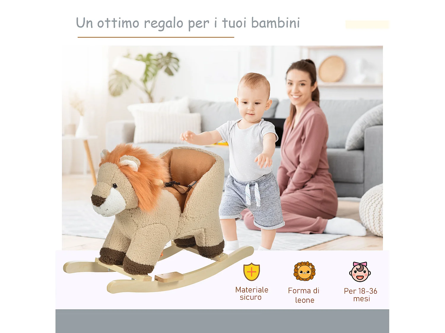 Dondolo giocattolo leone per bambini ruggisce legno e peluche marrone