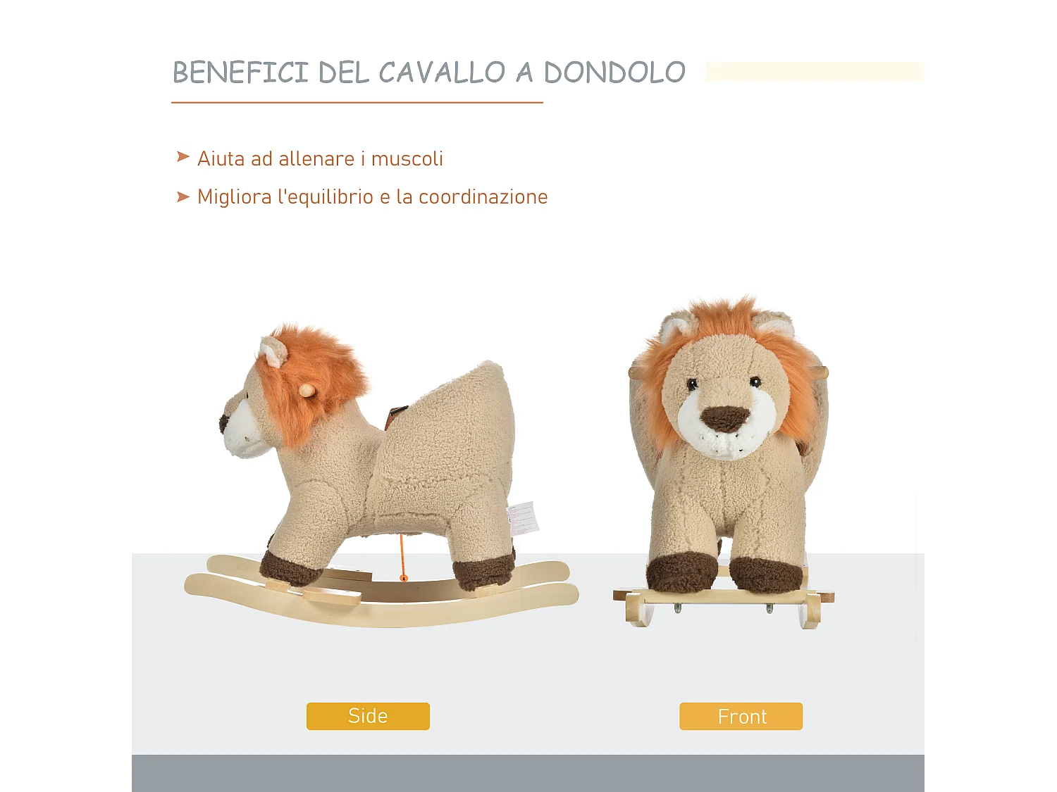 Dondolo giocattolo leone per bambini ruggisce legno e peluche marrone