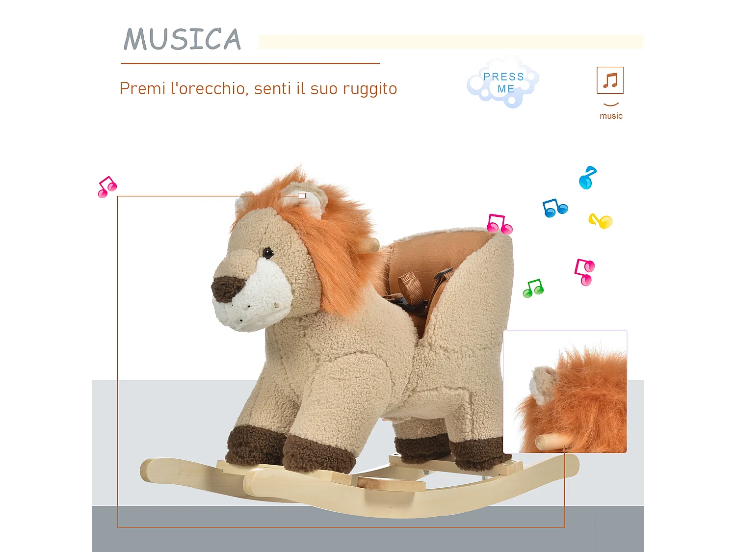 Dondolo giocattolo leone per bambini ruggisce legno e peluche marrone