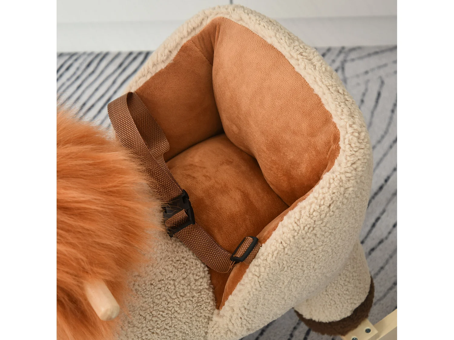 Dondolo giocattolo leone per bambini ruggisce legno e peluche marrone