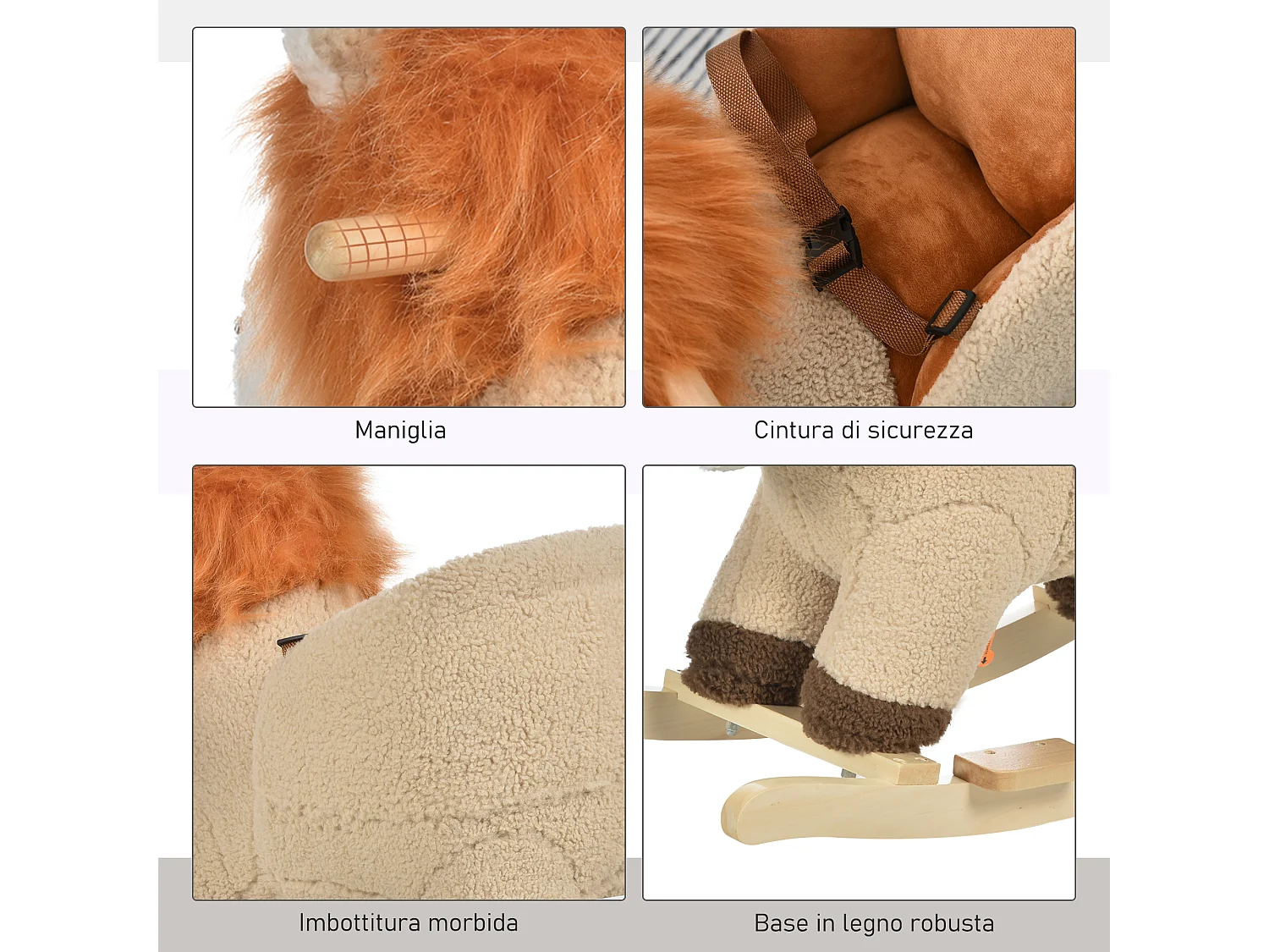 Dondolo giocattolo leone per bambini ruggisce legno e peluche marrone