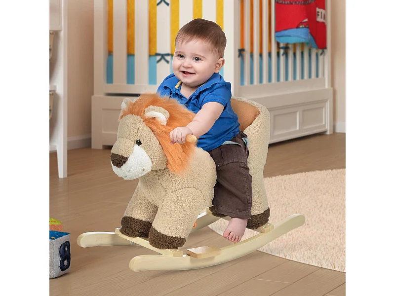 Dondolo giocattolo leone per bambini ruggisce legno e peluche marrone